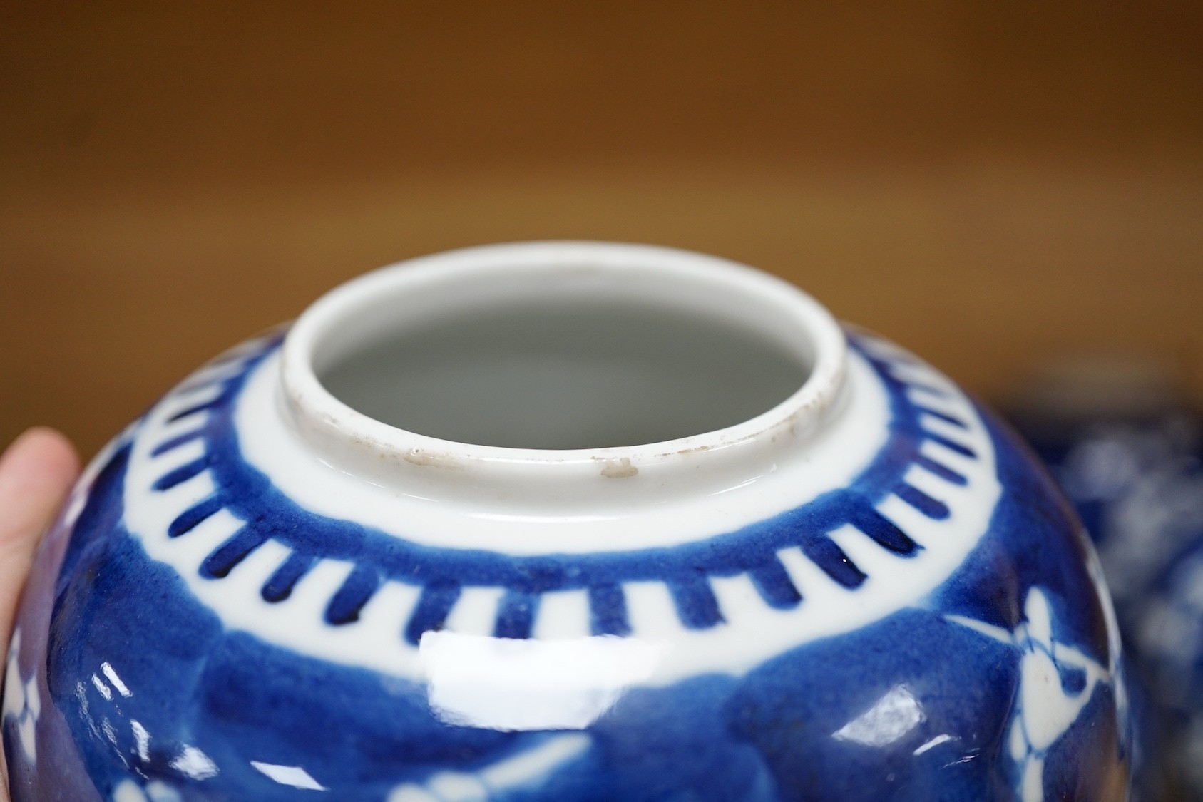 Four Chinese blue and white ‘prunus’ jars, tallest 14cms high